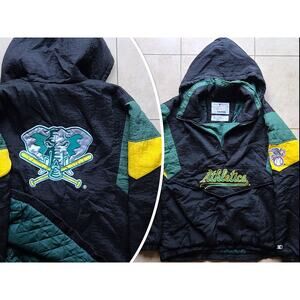 Oakland A's 90s STARTER puffer 1/2 Pullover ELEPHANT jacket M blk green MLB vtg